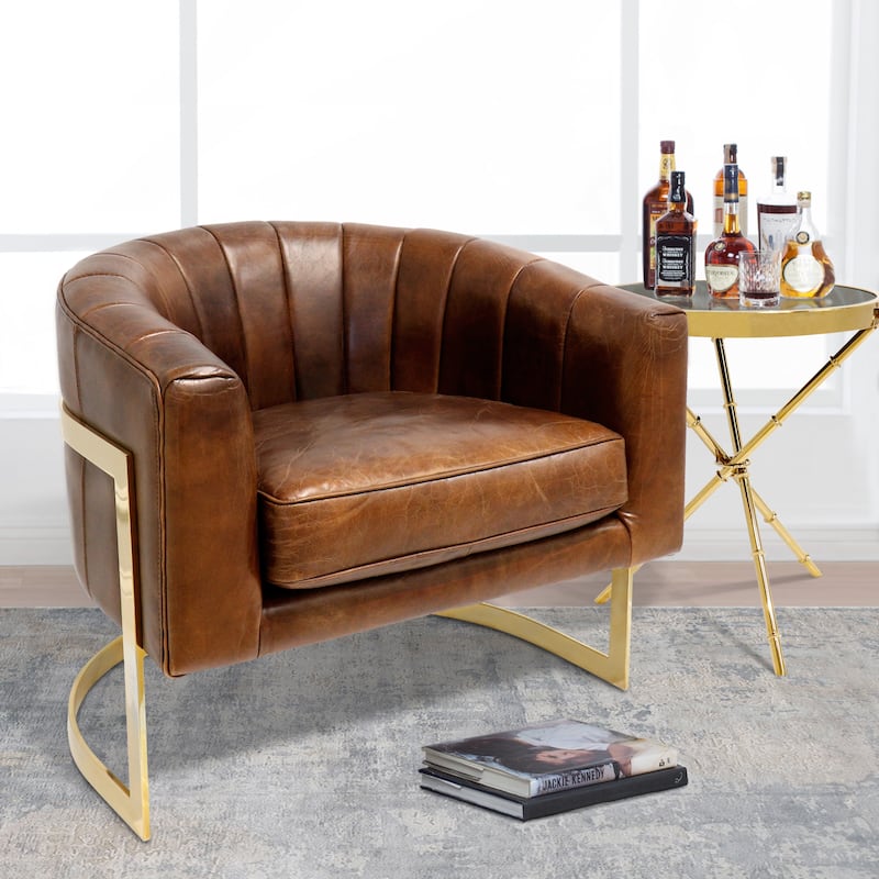 Pasargad Home Vicenza Genuine Leather Barrel Chair, Brown - W31.5"xD27.5"xH29.1"