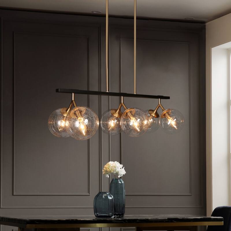 Marsie Mid-Century Modern 6-light Chandelier Linear Orb Glass Farmhouse Kitchen Island Pendant Lights Dining Room - 28.5"W x 11.5"D x 22.5" - 72.5"H - Black gold