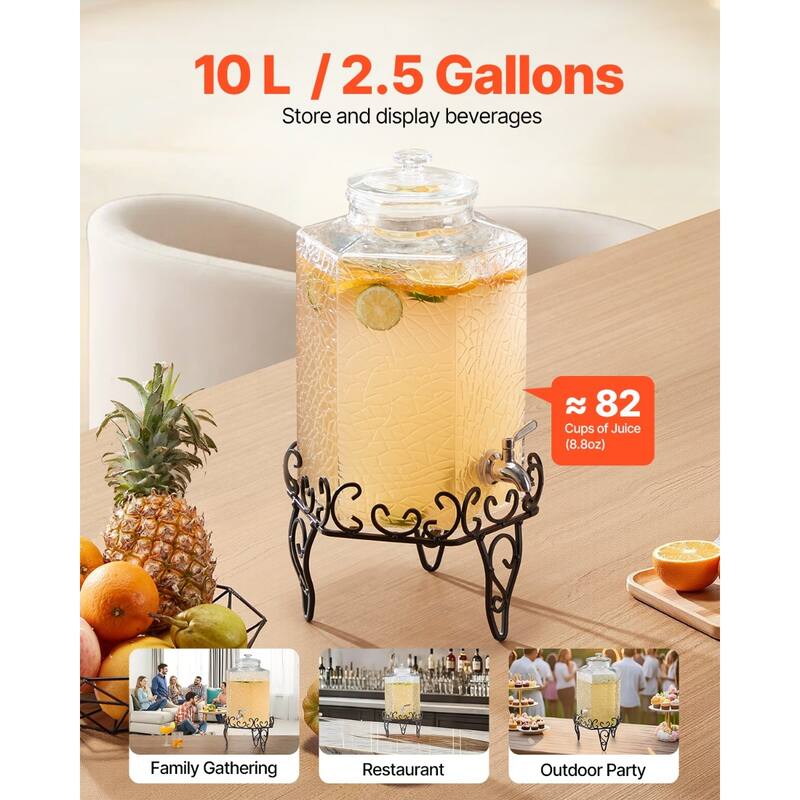 Transparent Glass Single Cylinder Beverage Dispenser 2.5 Gal with Metal Stand and Chalkboard - 10.24 x 10.24 x 20.47 in
