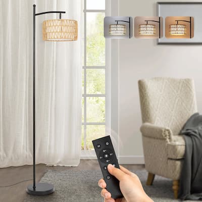 Netin 66" Boho Rattan & Fabric Shades Floor Lamp, Adjustable 3 Color Temperatures with Remote - Black