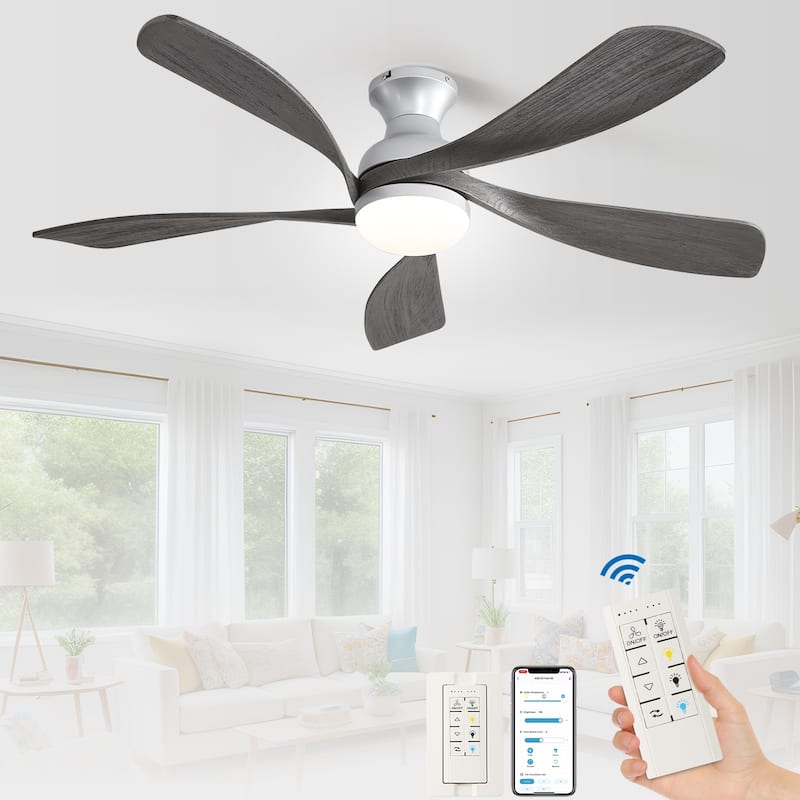 52 Inch Flush Mount 5 Wood Blades Smart Ceiling Fan with Light,Remote and APP Control-Farmhouse,Modern,Contemporary - 52 Inches