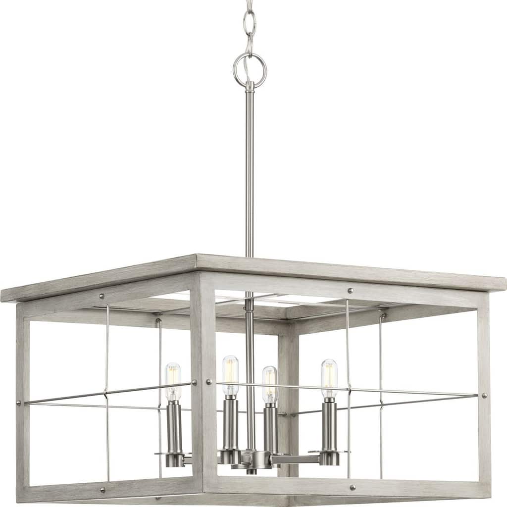 Hedgerow Collection 4-Light Grey Washed Oak Farmhouse Chandelier Light - 21.375 in x 21.375 in x 12.8125 in