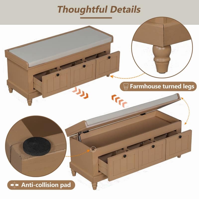 Classic Storage Bench with Cushioned Seat and Drawers