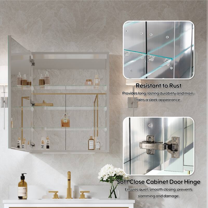 Recessed or Surface Wall Mount Bathroom Medicine Cabinet With Adjustable Glass Shelves