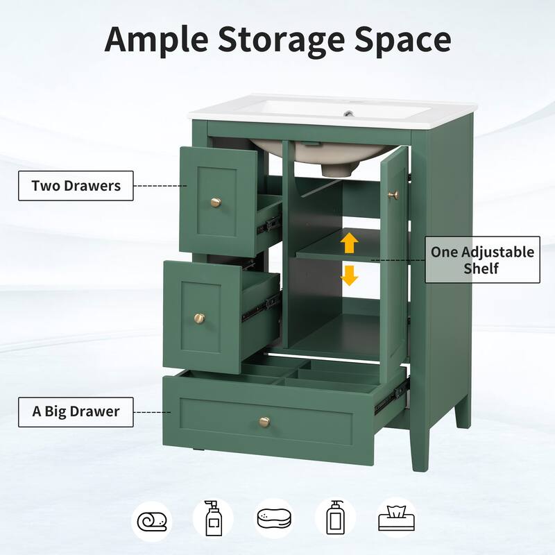 Roomfitters 24" Bathroom Vanity with Sink, Solid Wood Legs, 3 Drawers with Removable Dividers & Adjustable Shelf