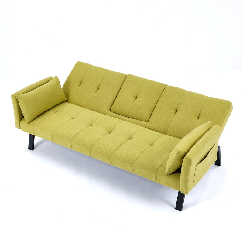 Cotton Linen Fabric Loveseat Sofa Sleeper Sofa Bed for Small Space with Center Table, Cup Holders, Pillows and Side Pockets