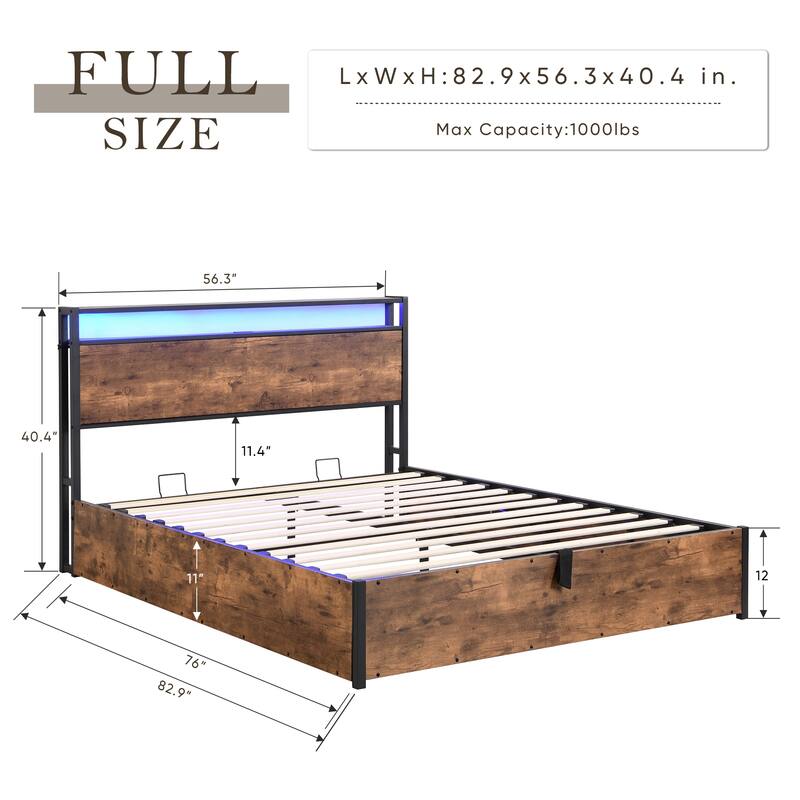 Wooden Platform Bed with Bookcase Headboard, Charging Station, and LED Lights