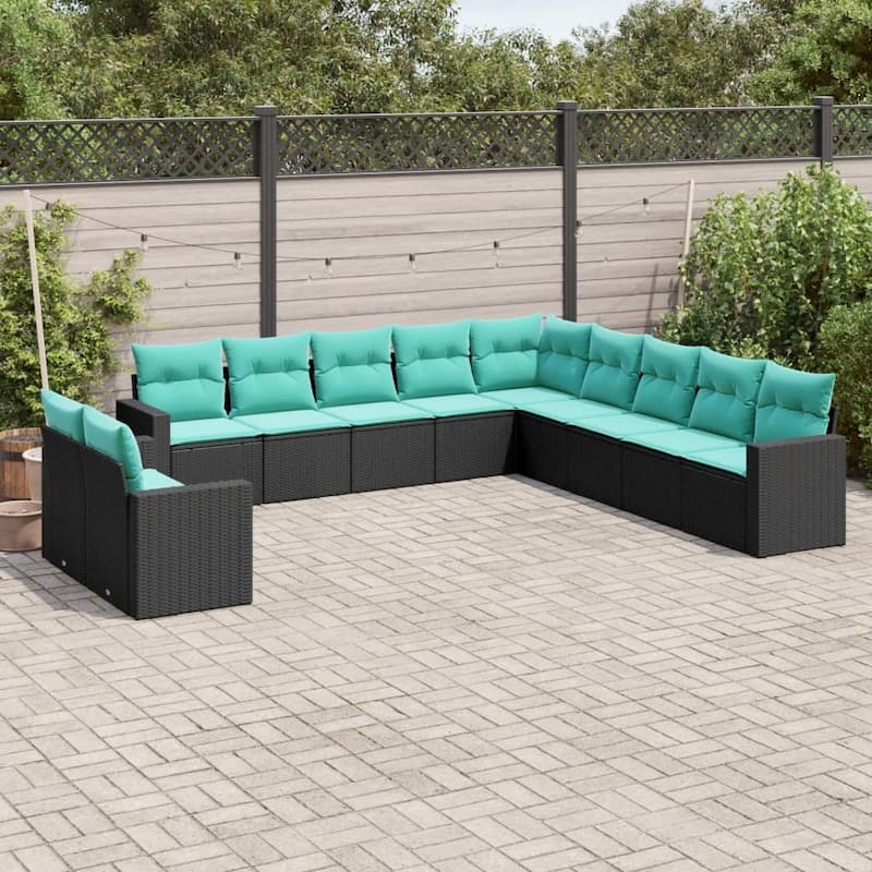 vidaXL Patio Sofa Set with Cushions Outdoor Conversation Furniture Poly Rattan - Black and blue without table