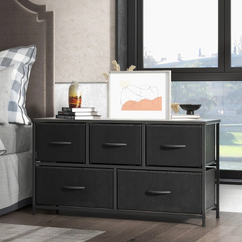 Dresser for Bedroom with 5 Fabric Drawers, Tall Chest Organizer Units for Clothing, Closet, Kidsroom, Storage Tower with Cabinet - Black