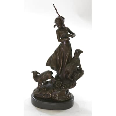 Art Deco Sculpture Shepherd Girl Woman With 2 Sheep Bronze Statue Figurine Sale