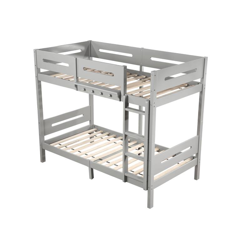 Twin over Twin Size Wood Bunk Bed with Ladder and Fence for Kids, Boys and Girls, Bedroom