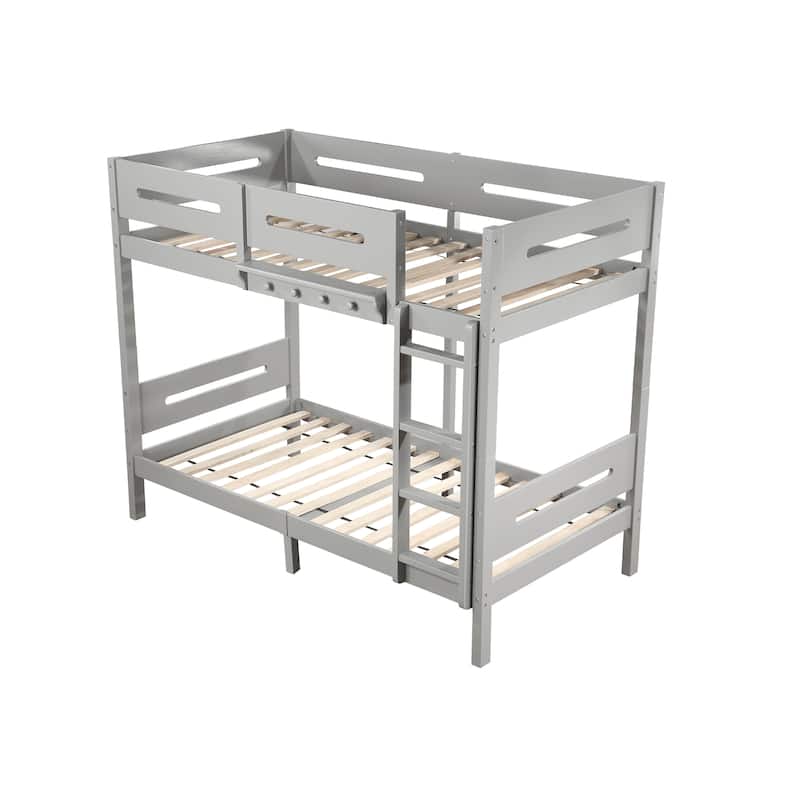 Twin over Twin Wood Bunk Bed with Ladder and Fence