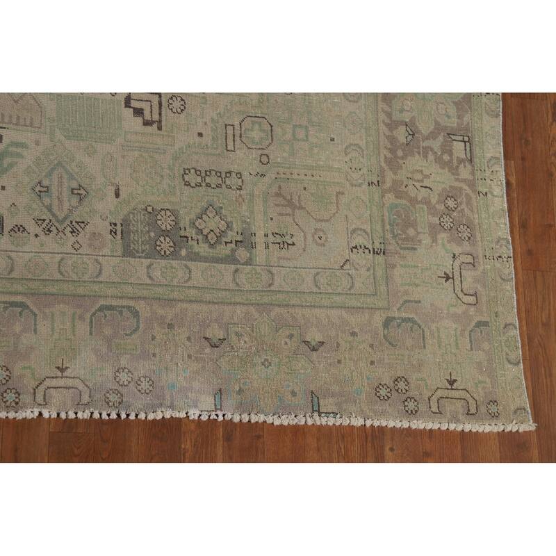 Distressed Geometric Tabriz Vintage Persian Rug Handmade Wool Carpet - 9'7" x 13'1"