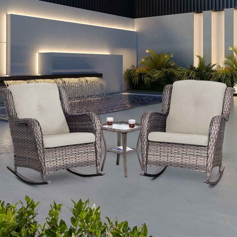 Cozywor 3-Piece Patio Wicker Outdoor Rocking Chair Set