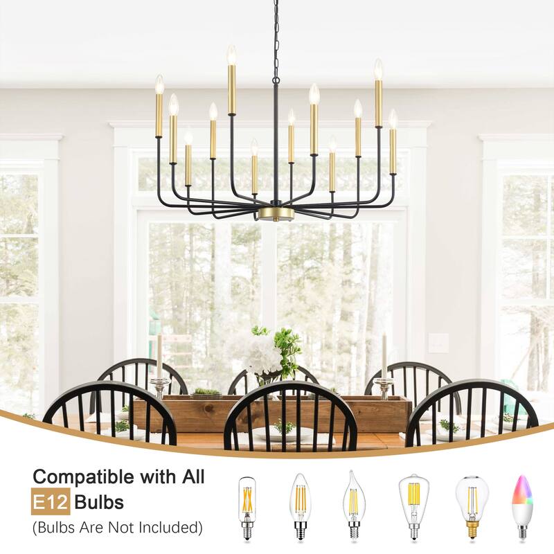 12-Light Rustic Candle Style Hanging Linear Chandelier Lighting for Kitchen Island