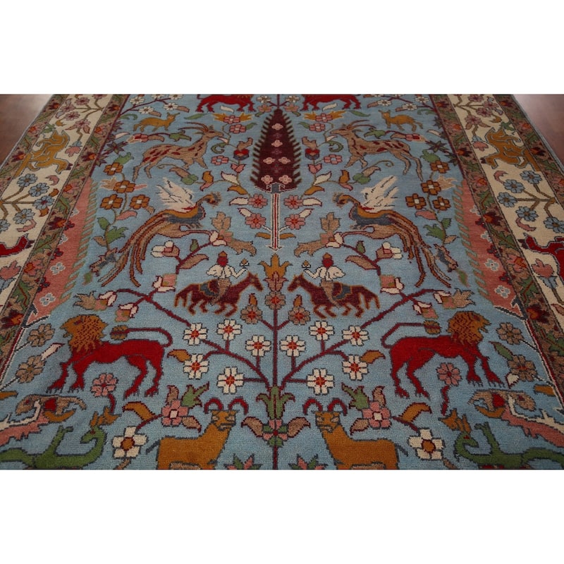Hunting Animals Blue Ziegler Indian Area Rug Hand-Knotted Wool Carpet - 8'10"x 12'2"