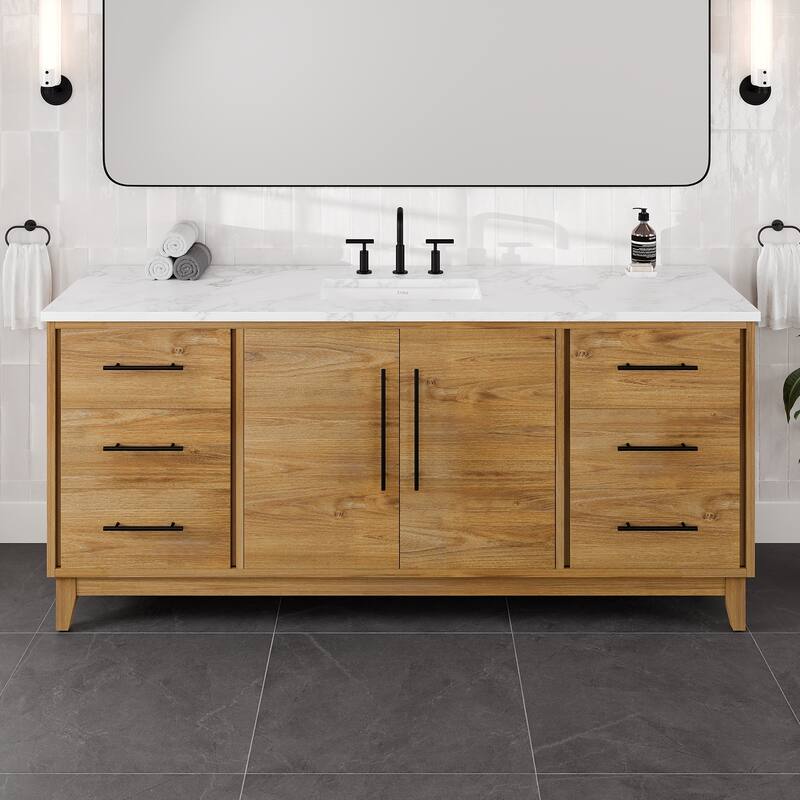 Graham 60"W Oak SS Bath Vanity with WH Arabescato Engineered Stone Top - 72"