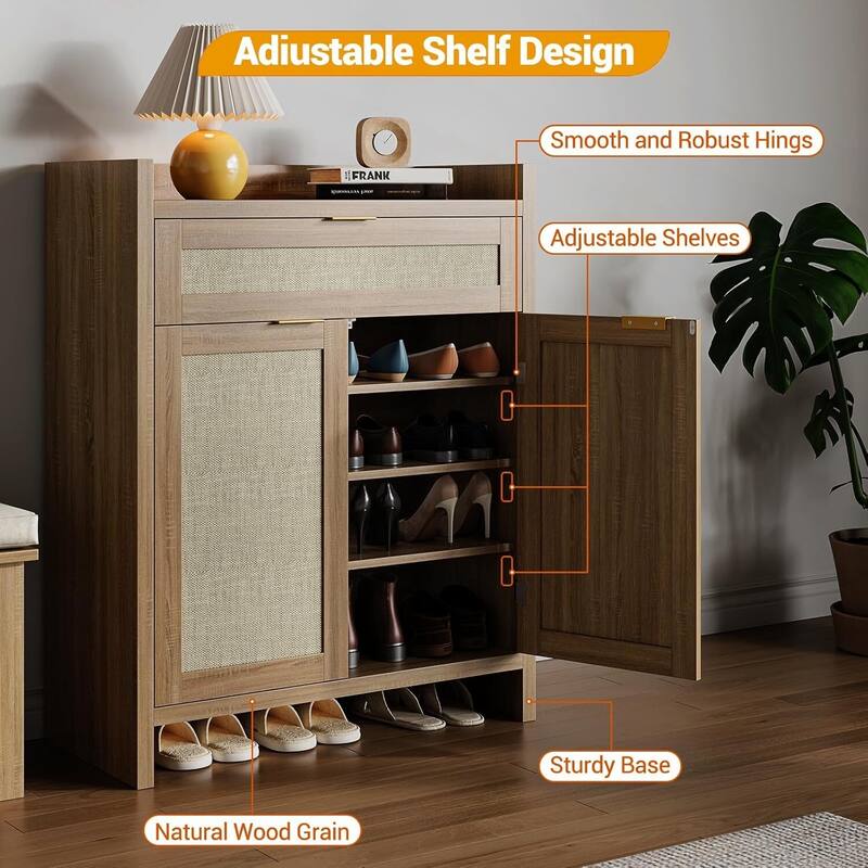 Farmhouse Rattan Shoe Cabinet with Storage for Entryway Living Room Closet Hallway