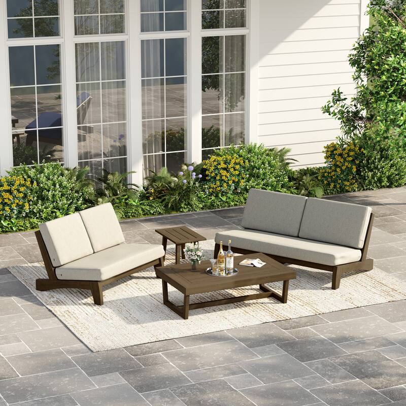 Casual Teak Outdoor Patio Conversation Set with Cushioned Sofa Loveaseat
