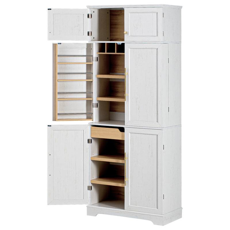 Roomfitters 78" Tall Farmhouse Kitchen Pantry Cabinet with 8 Door Shelves, Wine Rack & Hidden Drawer