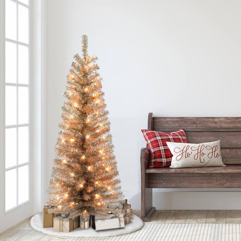 Puleo International 4.5 ft. Pre-lit Rose Gold Tinsel Tree