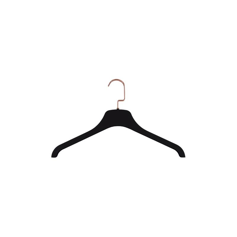 Black Rubbized Soft Touch Plastic Top/Coat Hanger with Flat Rose Gold Hook, 16.5" Length x 7/16" thic Box of 25