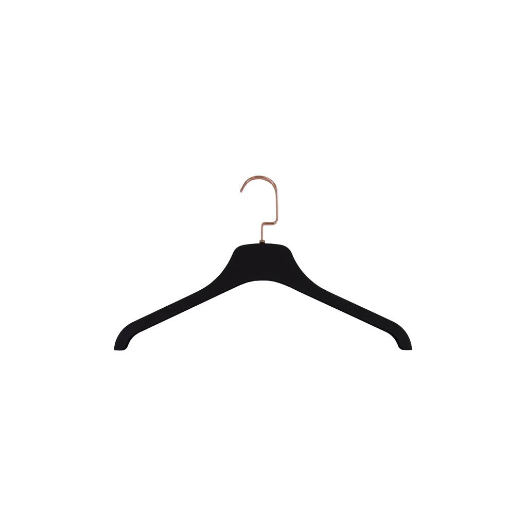 Black Rubbized Soft Touch Plastic Top/Coat Hanger with Flat Rose Gold Hook, 16.5" Length x 7/16" thic Box of 25