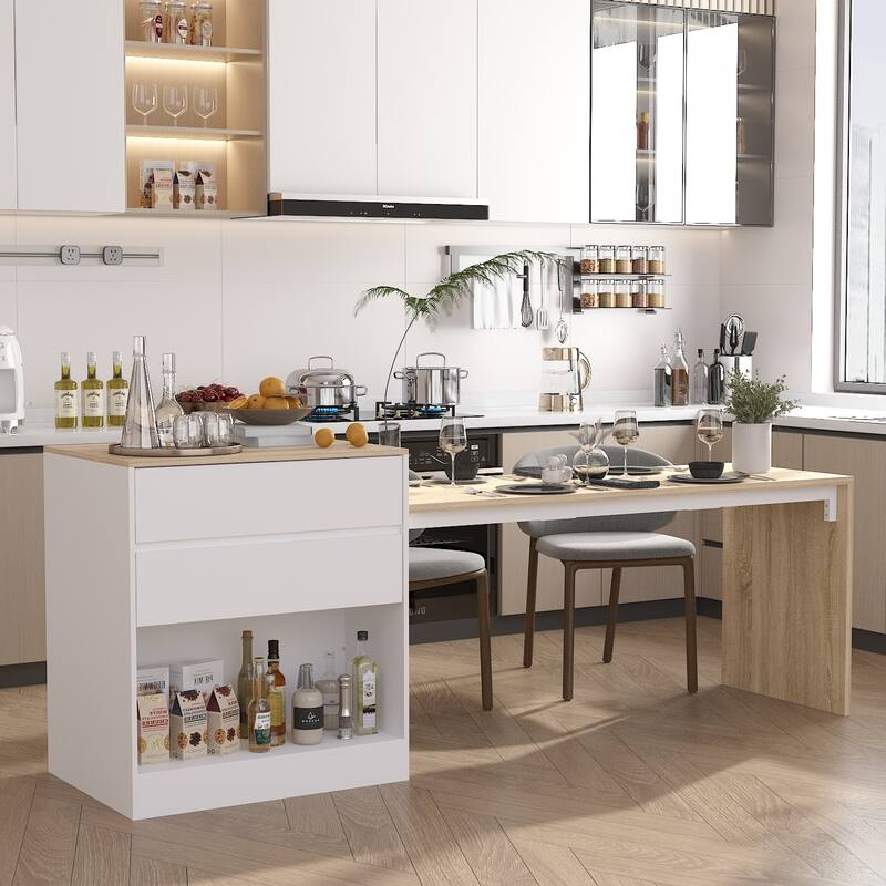 Dining Island - 2 Drawers, Shelves, and Large Countertop Bar Table