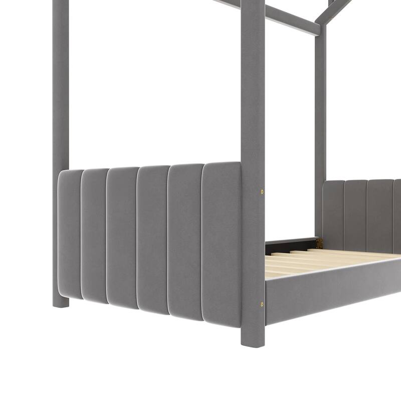 Modern Velvet Upholstered Playhouse Bed Frame with Wooden Slat Support