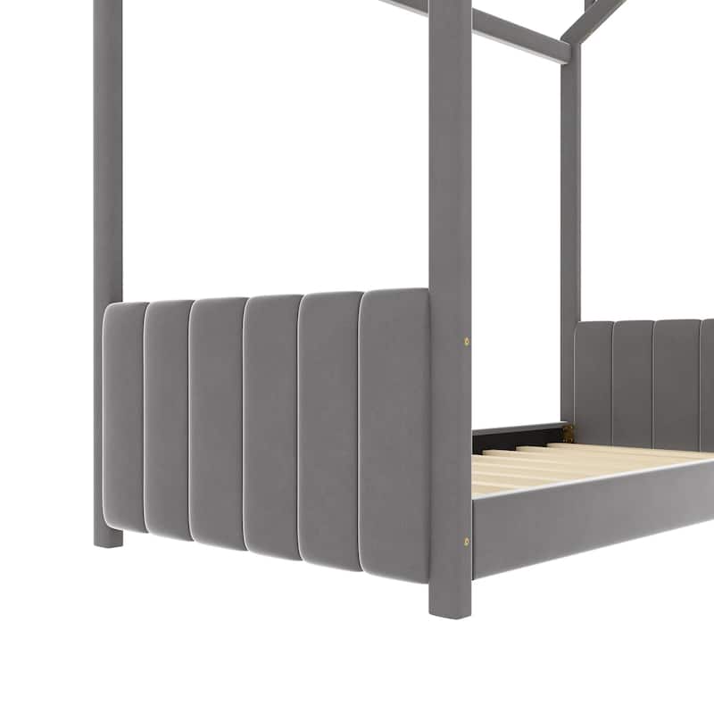 Roomfitters Twin/Full Size Velvet House Bed with Wooden Frame, Roof Design and Cozy Upholstery
