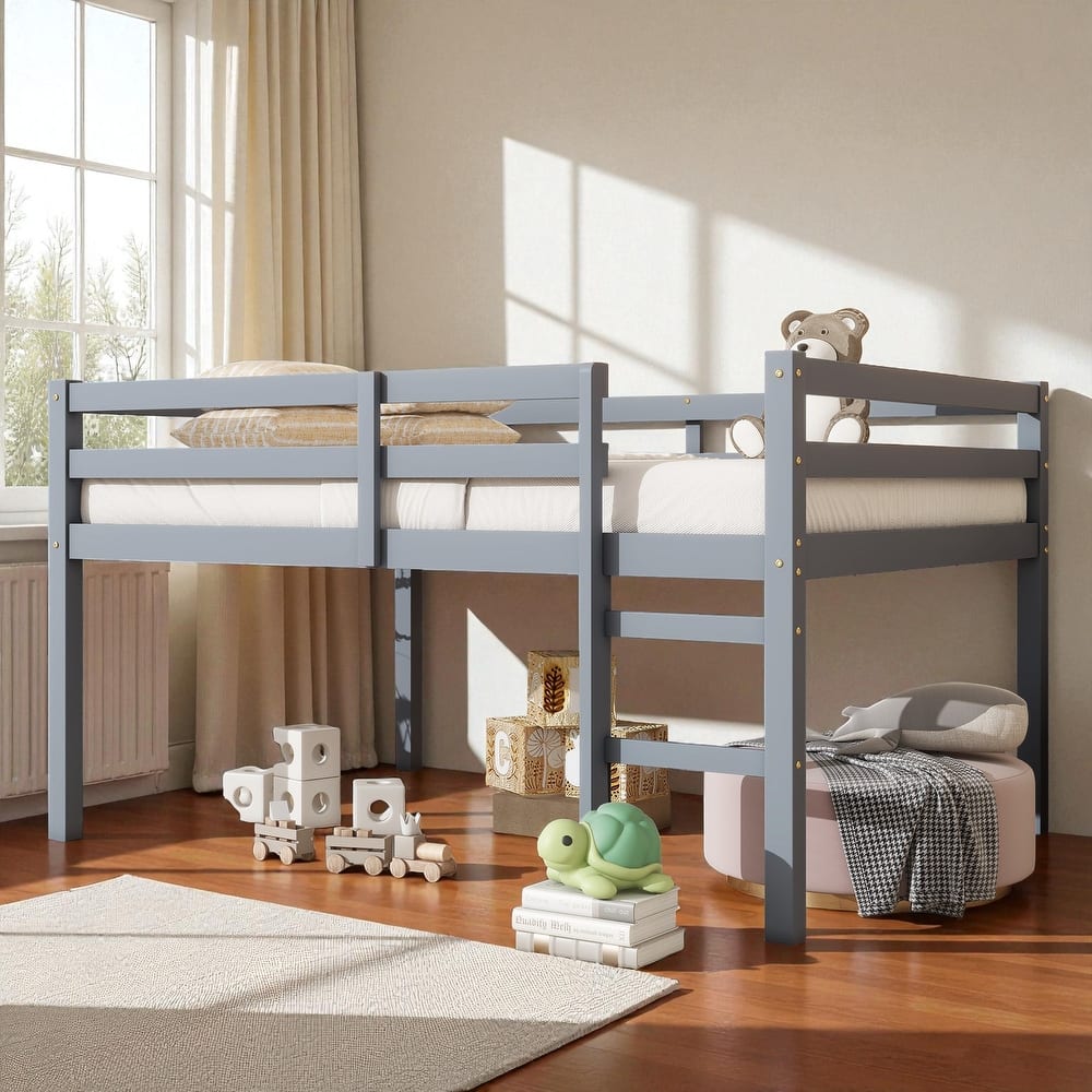 Full Size Loft Bed with Ladder, Solid Rubber Wood Frame Low Height Design with Guard Rails and Under-Bed Storage Space