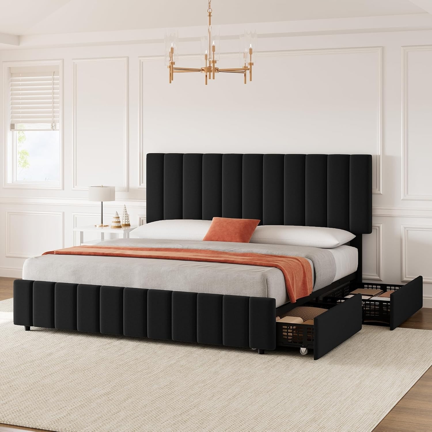 Full Size Bed Frame with Storage Drawers, Adjustable Headboard, Linen Upholstered Platform Bed, Easy Assembly, Black