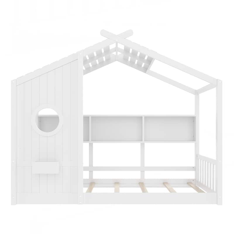 Twin Size Floor House Bed for Toddler, Kids Montessori Bed with Storage Shelf, Playhouse Bed with Roof Design