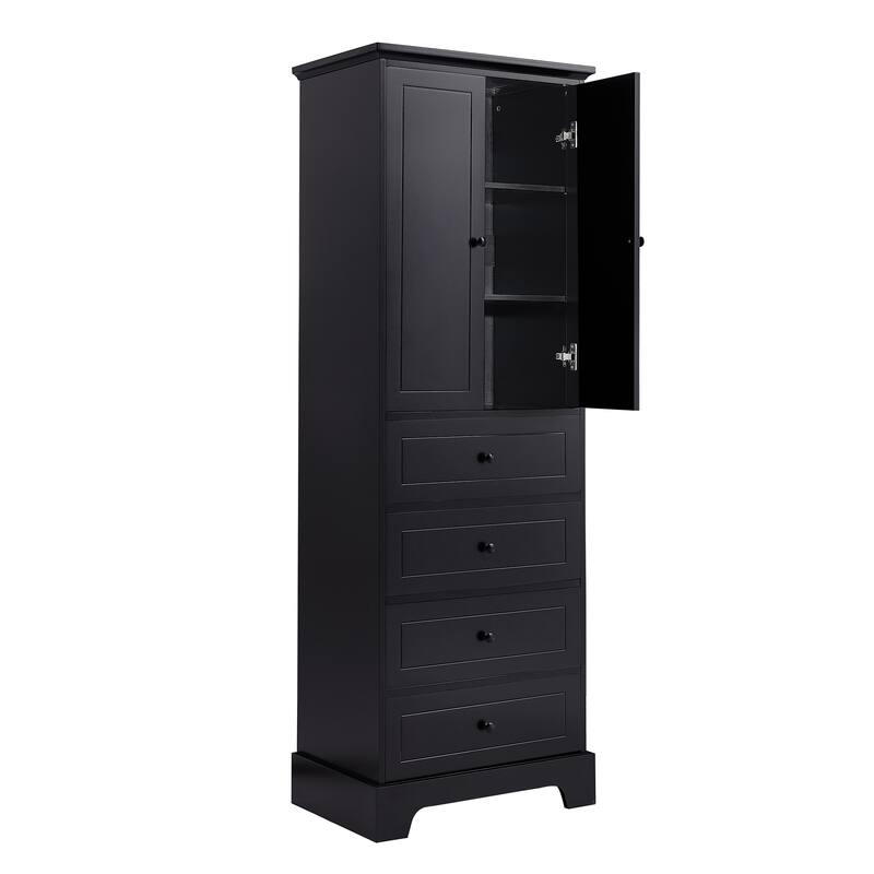 Retro Style Double Door Cabinet with 4 Storage Drawers, Round Metal Knobs and Adjustable Shelves for Bathroom Living Room Office