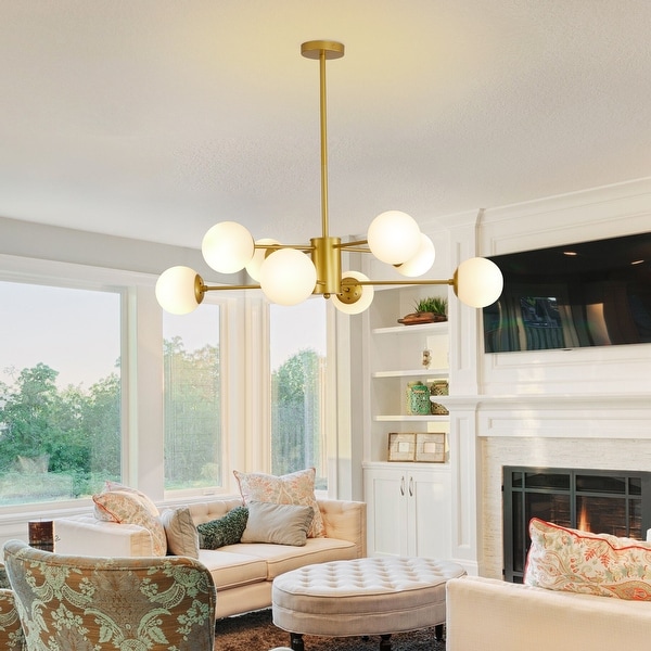 Modern 8 Light Gold Chandelier with White Glass Globe Shades Elegant Ceiling Light Fixture for Dining Room No Bulbs
