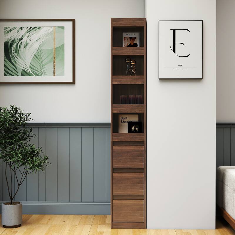 70.87" Height Modern Bookcase - 4-Tier Shelf with 3 Side Drawers & 4 Display Shelves - Tall Wooden Storage Cabinet