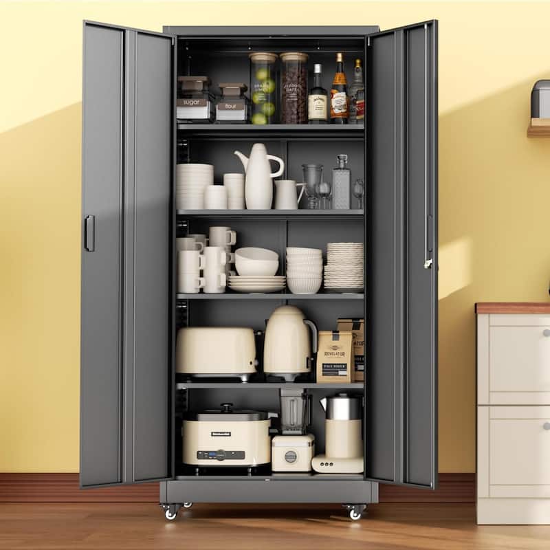 73" Rolling Garage Storage Cabinet with Locking Doors and Adjustable Shelves for Garage, Home Office, School