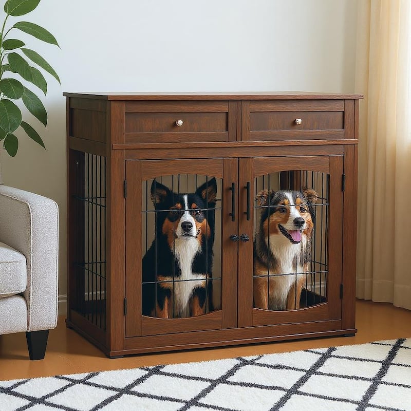 3-Doors Dog Crate Furniture, with 2 Drawers - Brown - L