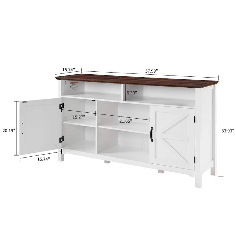 Homy Casa Farmhouse Sideboard Buffet Cabinet, Hinged Barn Doors, White 58''