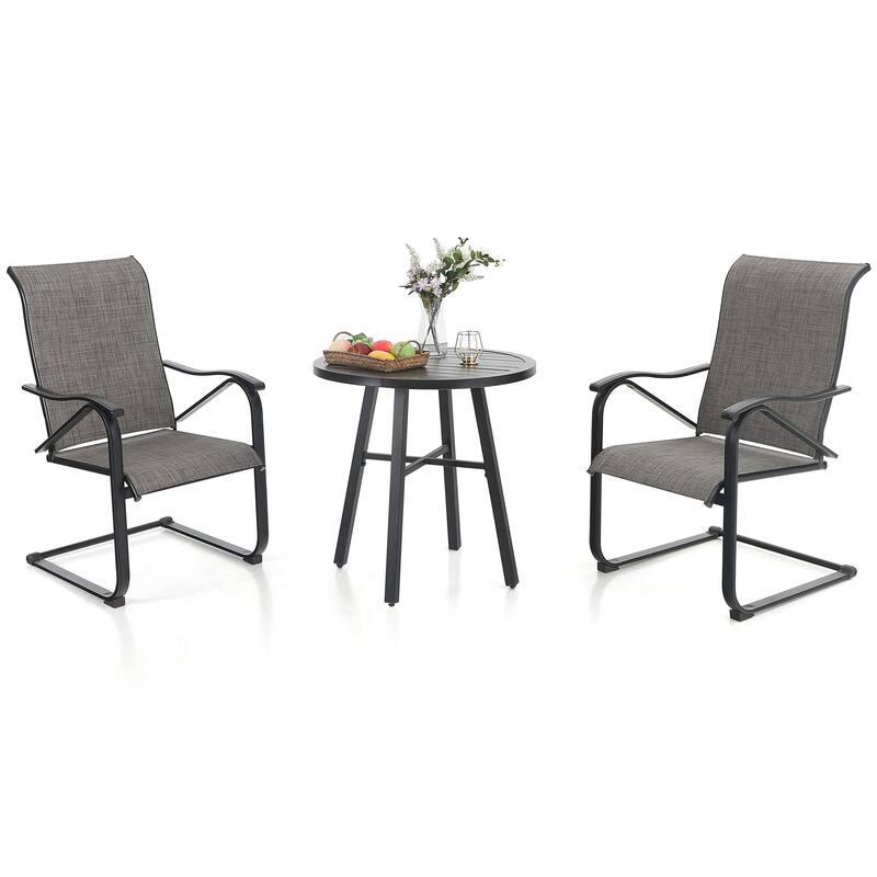 3 Piece Outdoor Bistro Dining Table Set, Round Slatted Metal Table & 2 Spring Motion Chairs