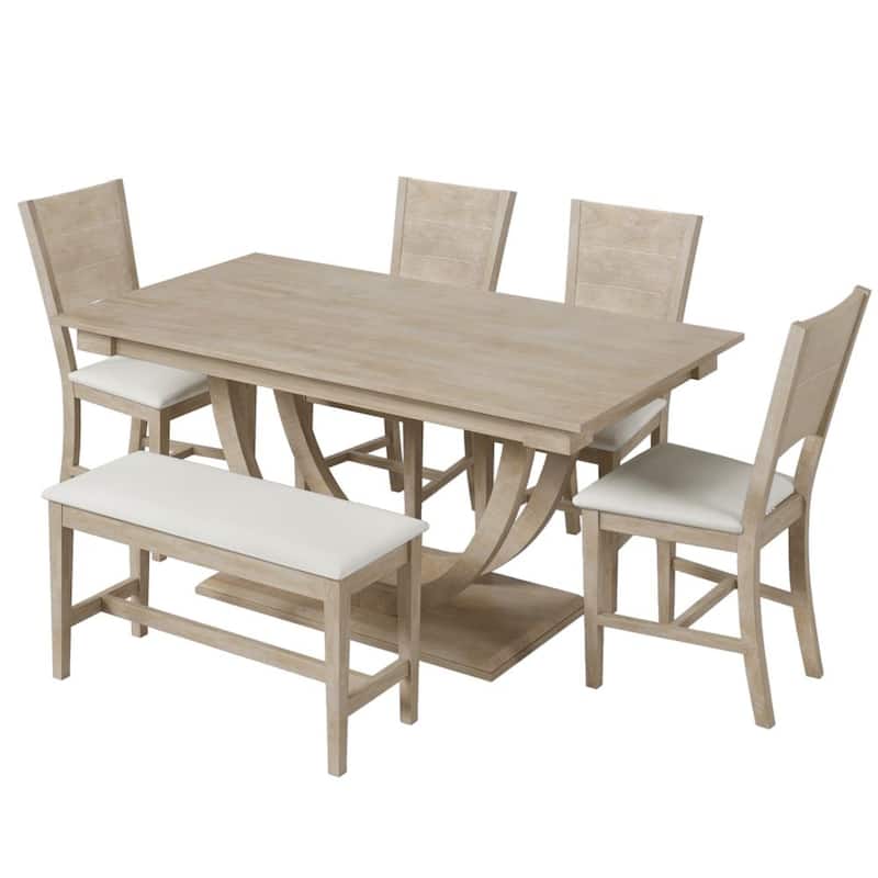6-Piece Wood Half Round Dining Table Set Kitchen Table Set with Long Bench and 4 Dining Chairs