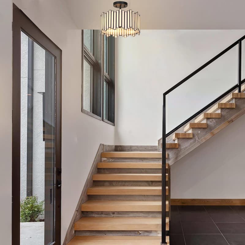 Tifany Modern Gold 3-Light Drum Glass Chandelier Semi-Flush Mount Ceiling Light
