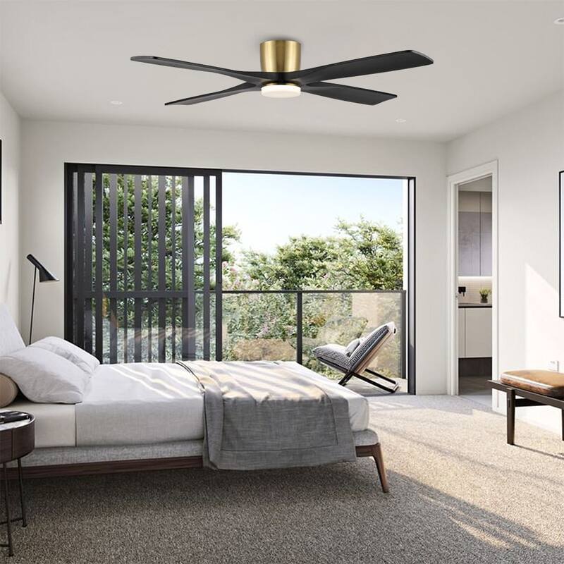 WINGBO 60" Flush Mount DC Ceiling Fan with Lights, 4 Reversible Blades, Hugger Low Profile Indoor Ceiling Fan - Black and Brass
