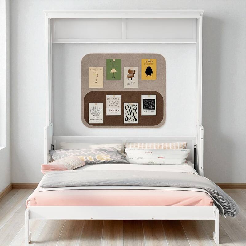 Queen Size Murphy Bed with Shelf, Foldable Wall Bed with Desk, Space-Saving Pine Wood Frame, No Box Spring