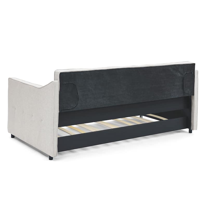 Twin Size Daybed with Twin Size Trundle Upholstered Tufted Sofa Bed, Waved Shape Arms, Grey (80.5"x44.5"x33.5")