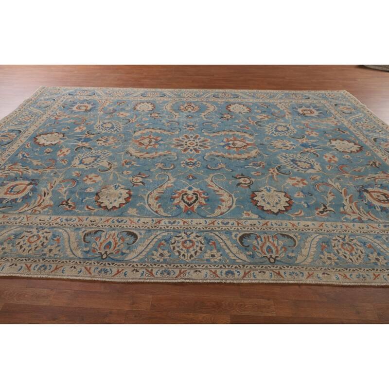Over Dyed Blue Tabriz Persian Antique Area Rug Handmade Wool Carpet - 9'2"x 12'6"