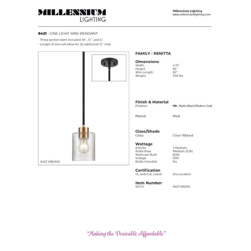 Millennium Lighting Renitta 1 Light Mini-Pendant in Matte Black/Modern Gold