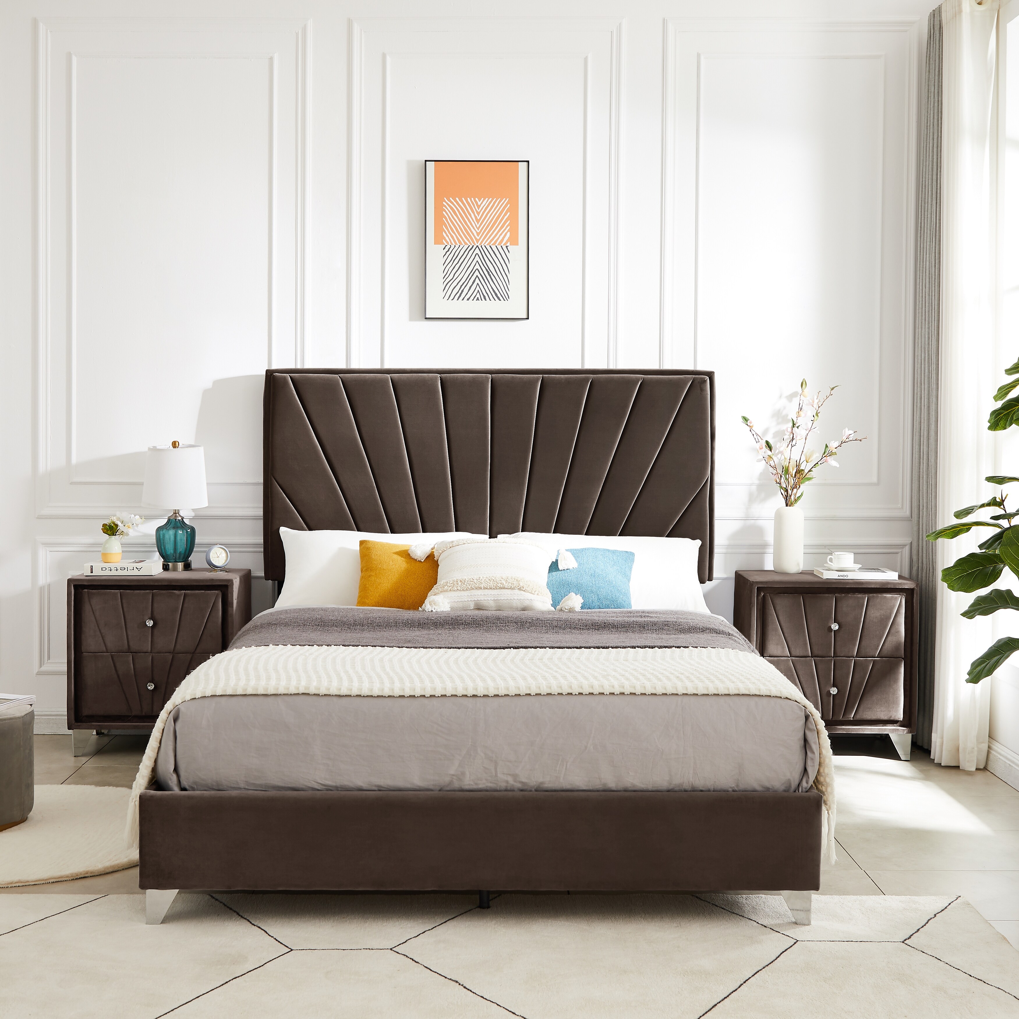 Upholstered headboard with shop nightstands
