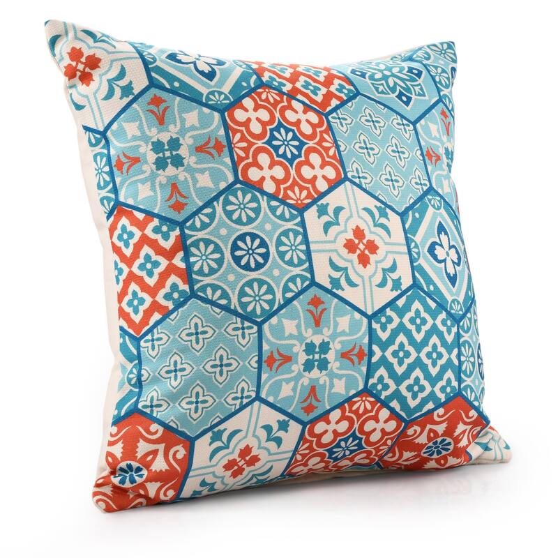 Handwoven Patchwork Outdoor Throw Pillow Cover - 20" - Teal Blue and Orange