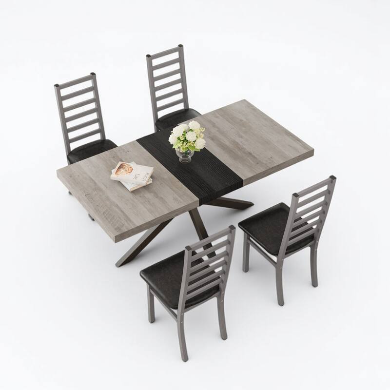 5-Piece Extendable Rectangular Dining Table Set with Storage, High-Back Armless Upholstered Chairs, Metal Frame Kitchen Set